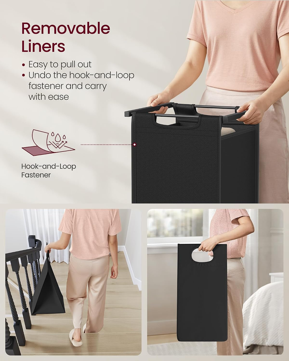 Laundry Hamper with Shelf and Three Pull-Out Bags, 40 Liters (3 x 10.6 Gallons)