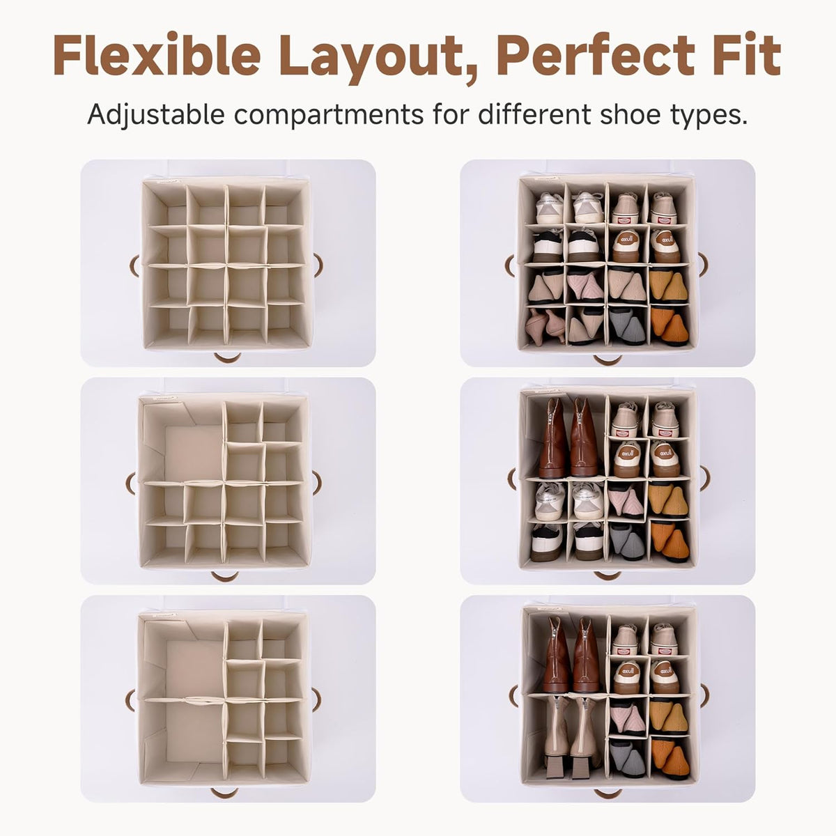 16-Pair Adjustable Shoe Organizer with Dividers for Closet, Beige