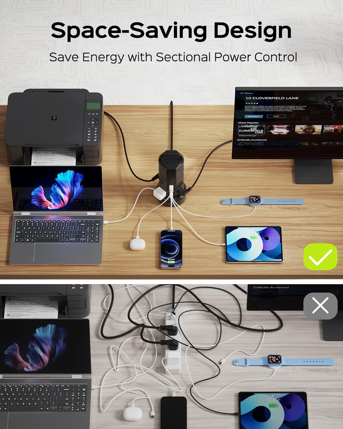 Power Strip Tower Surge Protector with 16 AC Outlets and 6 USB Ports (2 USB-C), 1050 Joules