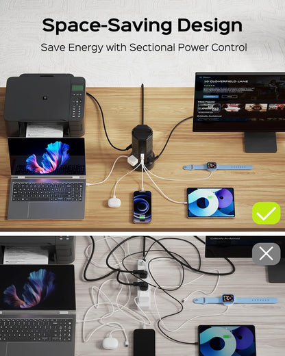 Power Strip Tower Surge Protector with 16 AC Outlets and 6 USB Ports (2 USB-C), 1050 Joules