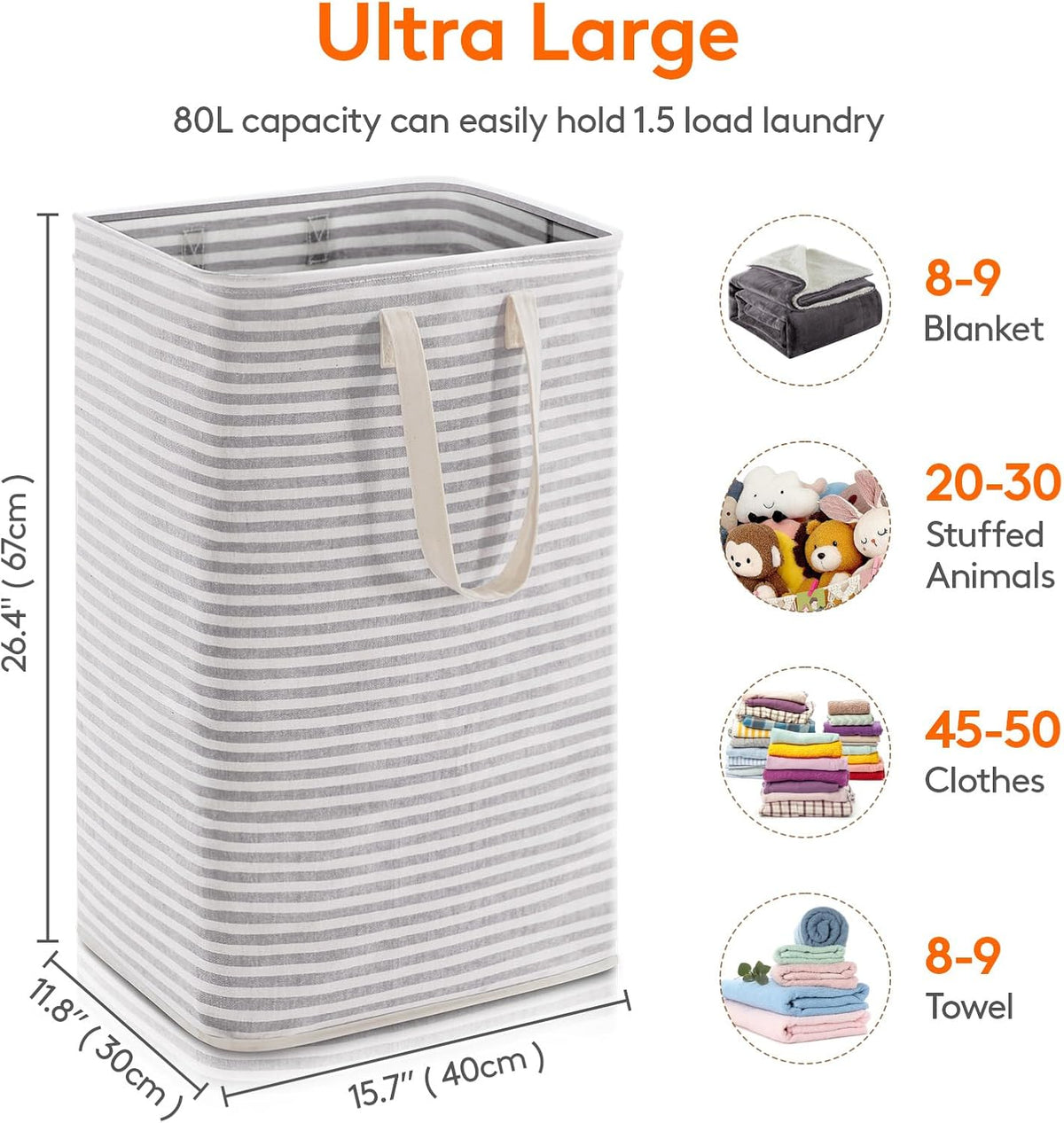 80L Large Capacity Grey Laundry Hamper - Single Pack