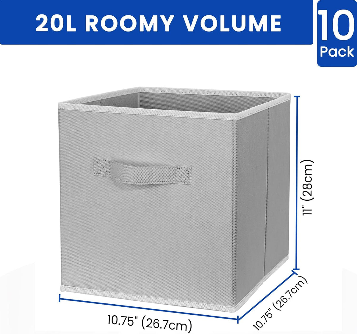 11-Inch Fabric Storage Cubes - 10-Pack Collapsible Bins with Dual Handles for Organizing Shelves, Closets, and Magazines (Grey)