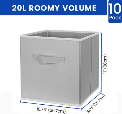 11-Inch Fabric Storage Cubes - 10-Pack Collapsible Bins with Dual Handles for Organizing Shelves, Closets, and Magazines (Grey)