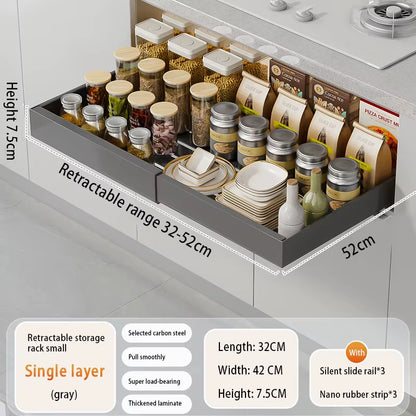 Adjustable Metal Slide-Out Cabinet Organizer with Expandable Drawers for Kitchen Storage