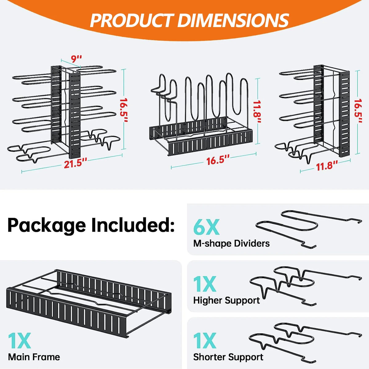 Adjustable 8-Tier Pots and Pans Organizer Rack with Anti-Slip Silicone Pads for Kitchen Cabinet Storage - Heavy Duty Metal Design with 3 DIY Methods