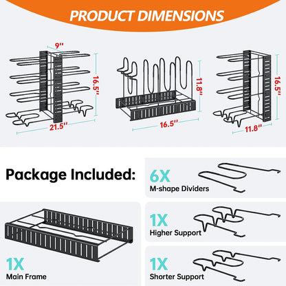 Adjustable 8-Tier Pots and Pans Organizer Rack with Anti-Slip Silicone Pads for Kitchen Cabinet Storage - Heavy Duty Metal Design with 3 DIY Methods