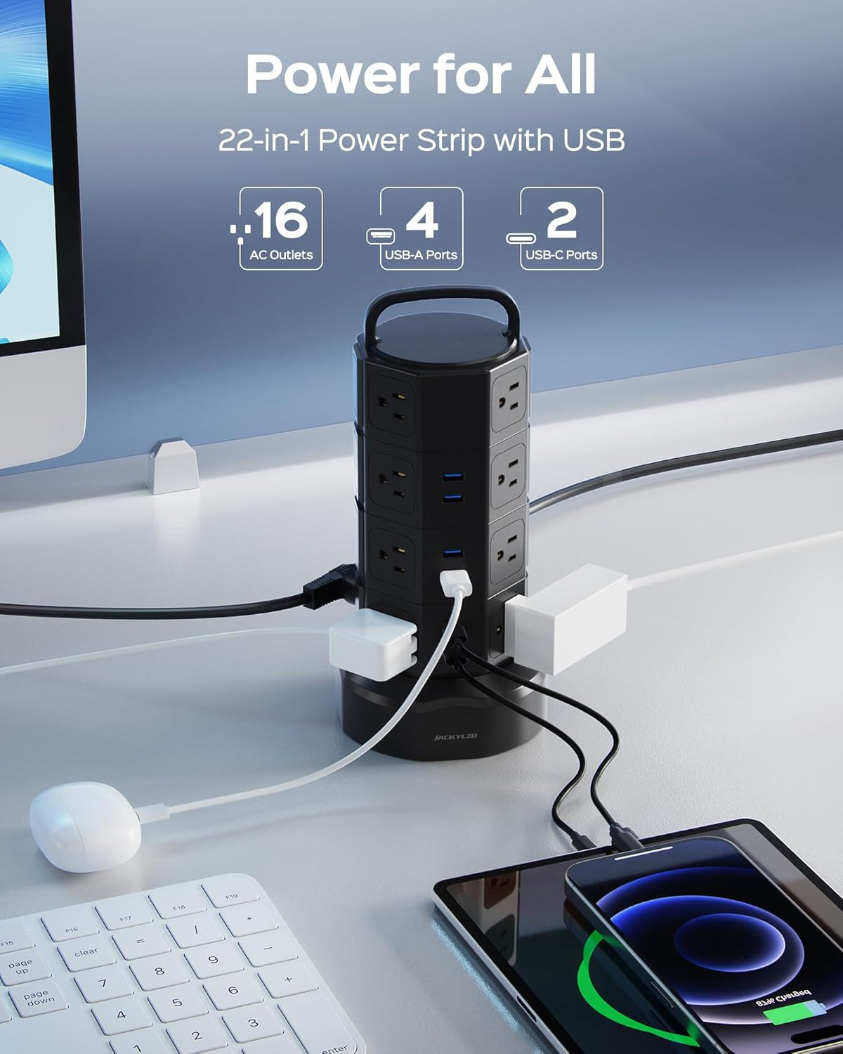 Power Strip Tower Surge Protector with 16 AC Outlets and 6 USB Ports (2 USB-C), 1050 Joules