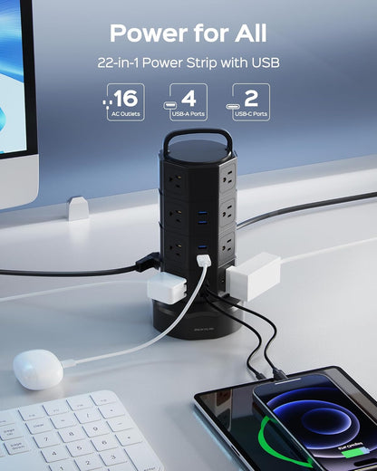 Power Strip Tower Surge Protector with 16 AC Outlets and 6 USB Ports (2 USB-C), 1050 Joules