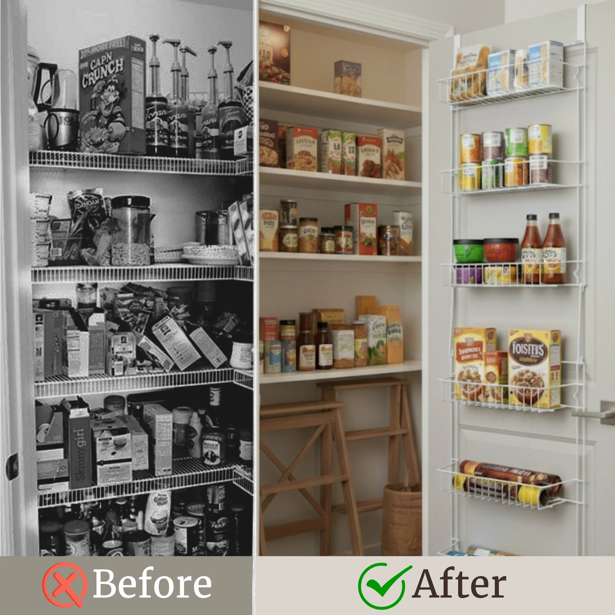 6-Tier Adjustable Over-the-Door Pantry Organizer - Powder-Coated Steel Hanging Shelving System for Kitchen Organization (White)