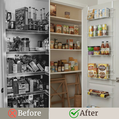 6-Tier Adjustable Over-the-Door Pantry Organizer - Powder-Coated Steel Hanging Shelving System for Kitchen Organization (White)