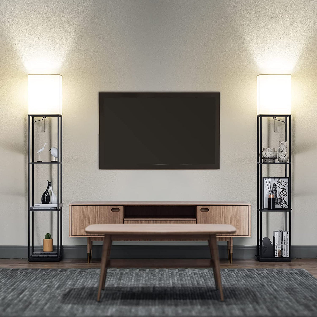 Elegant Black Floor Lamp with Integrated Shelving for Living Room