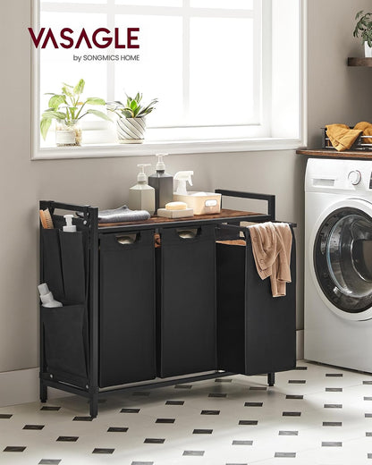 Laundry Hamper with Shelf and Three Pull-Out Bags, 40 Liters (3 x 10.6 Gallons)