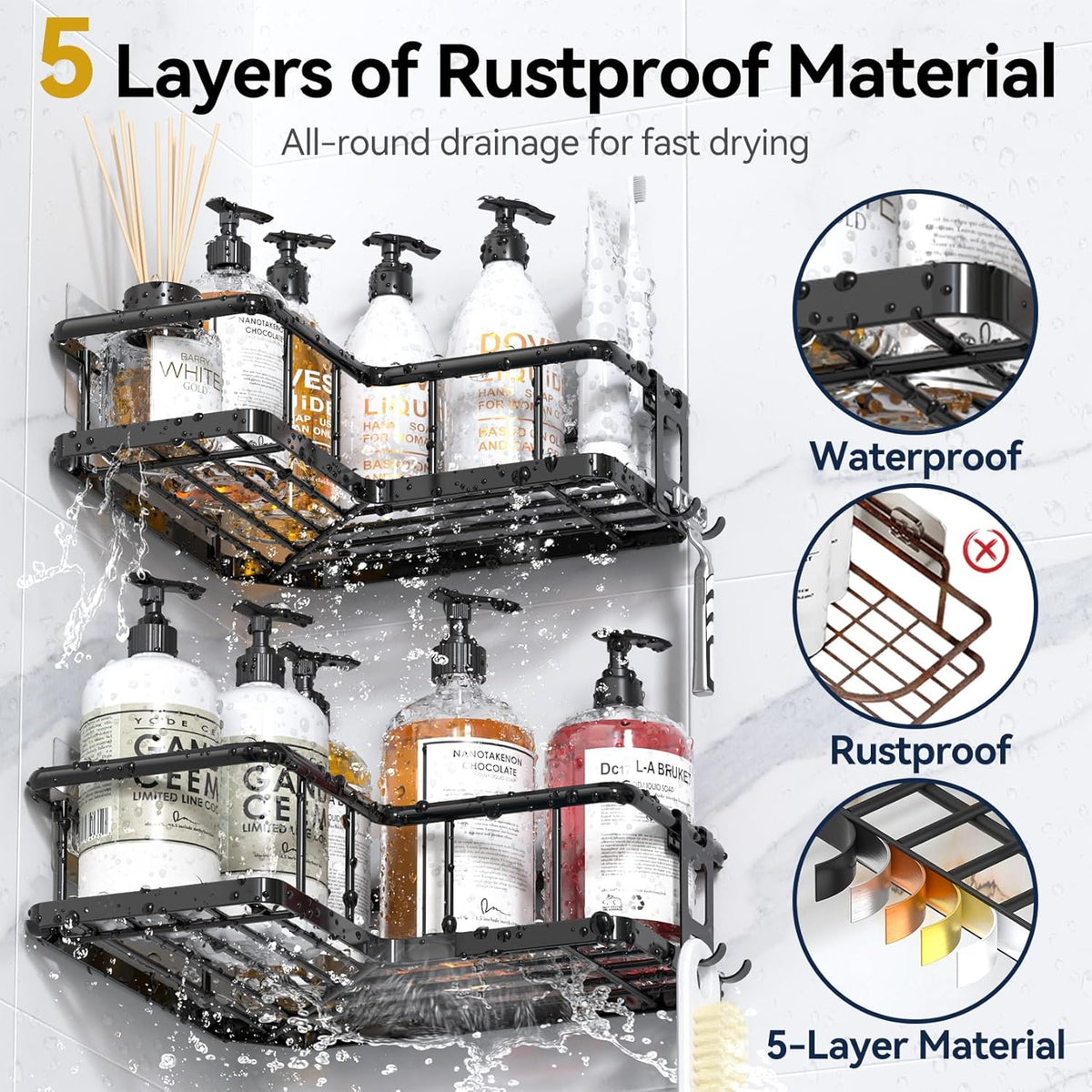 Corner Shower Caddy Adhesive - 100% Rustproof Wall-Mounted Organizer with Soap Holder, No-Drill Installation for Bathroom Storage (3 Pack, Black)