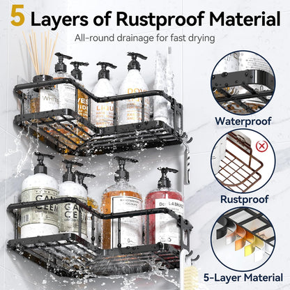 Corner Shower Caddy Adhesive - 100% Rustproof Wall-Mounted Organizer with Soap Holder, No-Drill Installation for Bathroom Storage (3 Pack, Black)