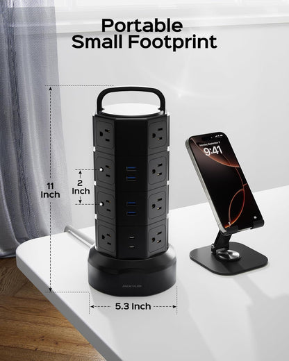 Power Strip Tower Surge Protector with 16 AC Outlets and 6 USB Ports (2 USB-C), 1050 Joules