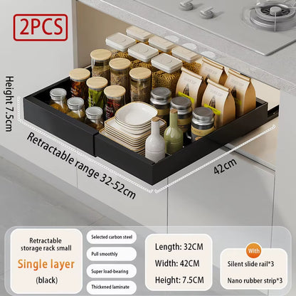 Adjustable Metal Slide-Out Cabinet Organizer with Expandable Drawers for Kitchen Storage