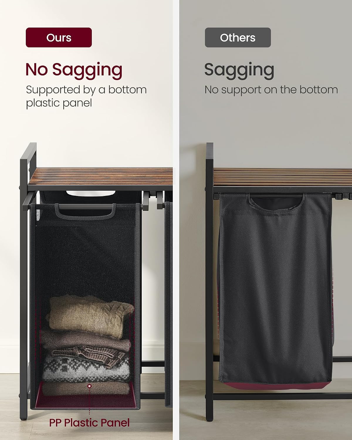 Laundry Hamper with Shelf and Three Pull-Out Bags, 40 Liters (3 x 10.6 Gallons)