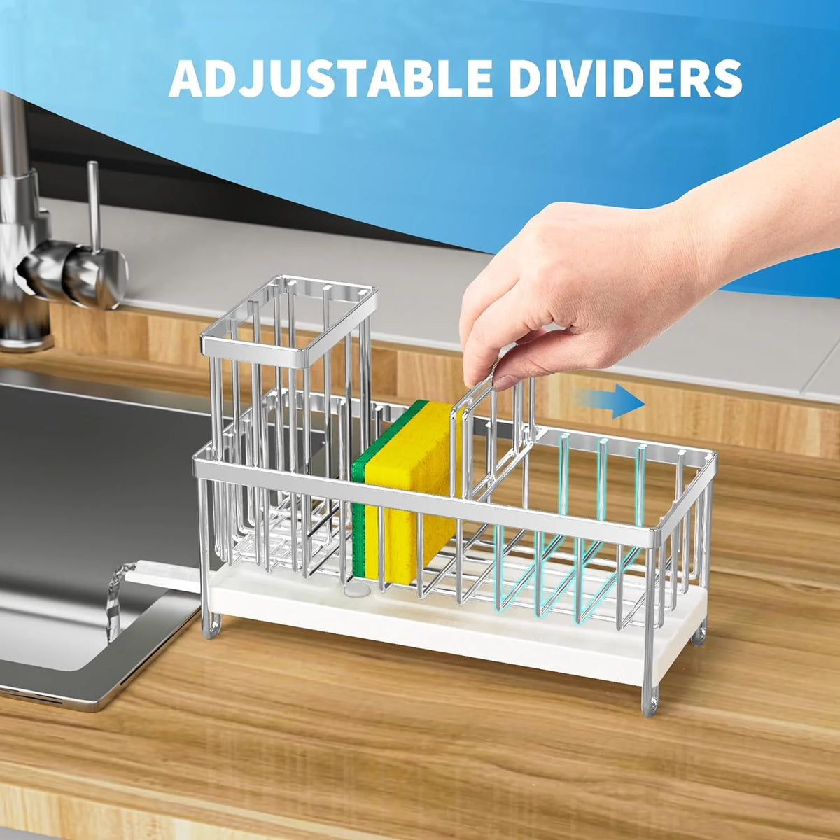 Cisily Premium Silver Sponge Holder for Kitchen Sink - Rustproof 304 Stainless Steel Caddy Organizer with High Brush Holder and Soap Dispenser Storage Solutions