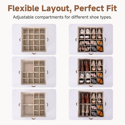 16-Pair Adjustable Shoe Organizer with Dividers for Closet, Beige