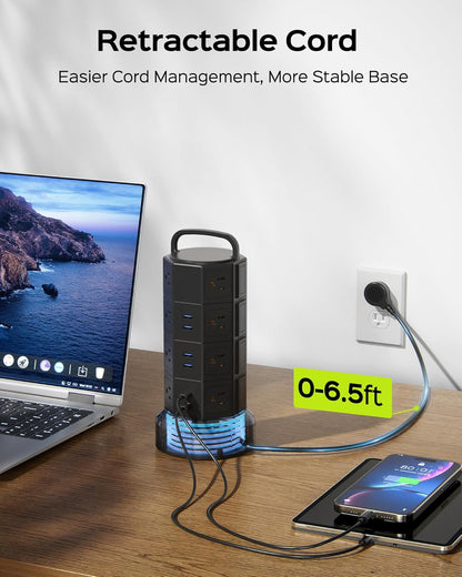 Power Strip Tower Surge Protector with 16 AC Outlets and 6 USB Ports (2 USB-C), 1050 Joules