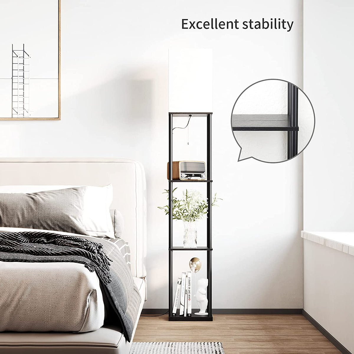 Elegant Black Floor Lamp with Integrated Shelving for Living Room