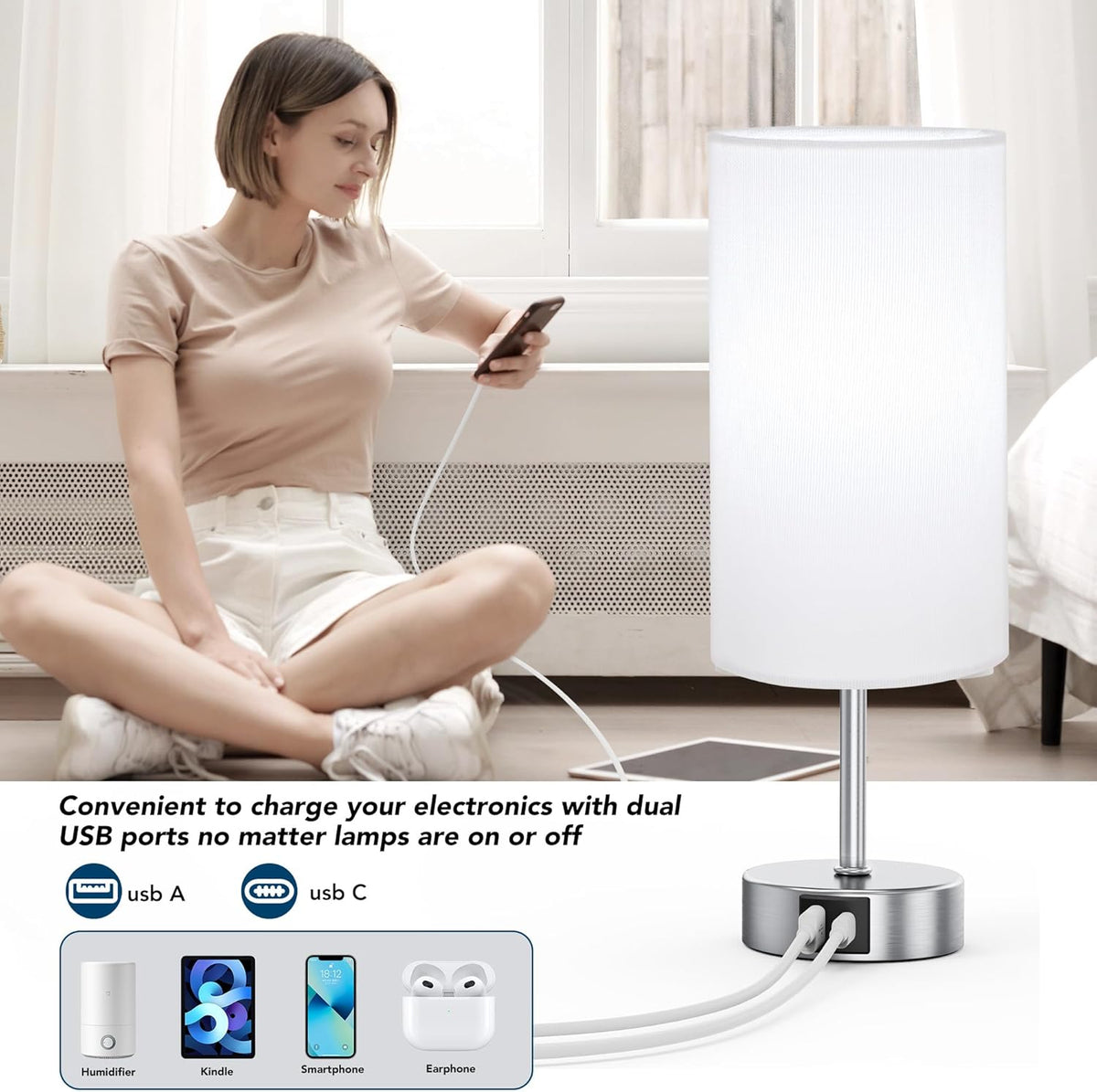 12.8-Inch Touch Control Table Lamp, 3-Way Dimmable Bedside Nightstand Lamp with Dual USB Ports and 6500K Daylight LED Bulb for Bedroom and Living Room