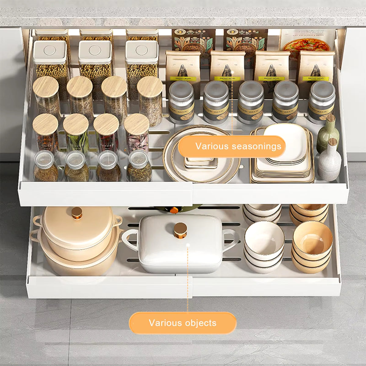 Adjustable Metal Slide-Out Cabinet Organizer with Expandable Drawers for Kitchen Storage