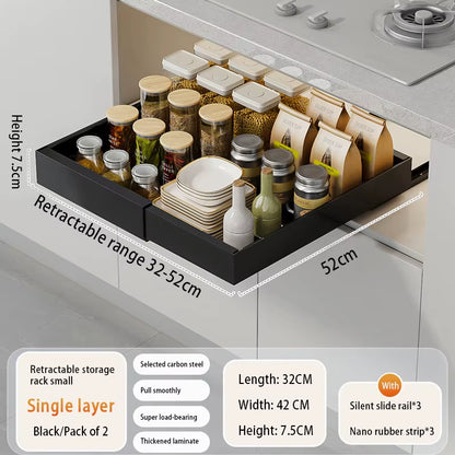 Adjustable Metal Slide-Out Cabinet Organizer with Expandable Drawers for Kitchen Storage