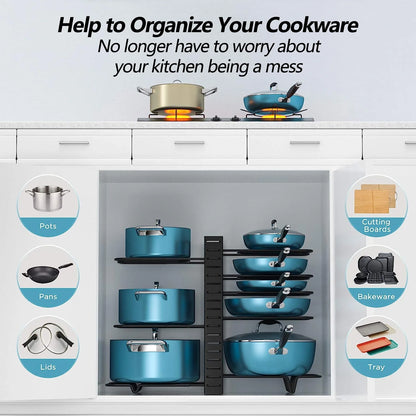 Adjustable 8-Tier Pots and Pans Organizer Rack with Anti-Slip Silicone Pads for Kitchen Cabinet Storage - Heavy Duty Metal Design with 3 DIY Methods