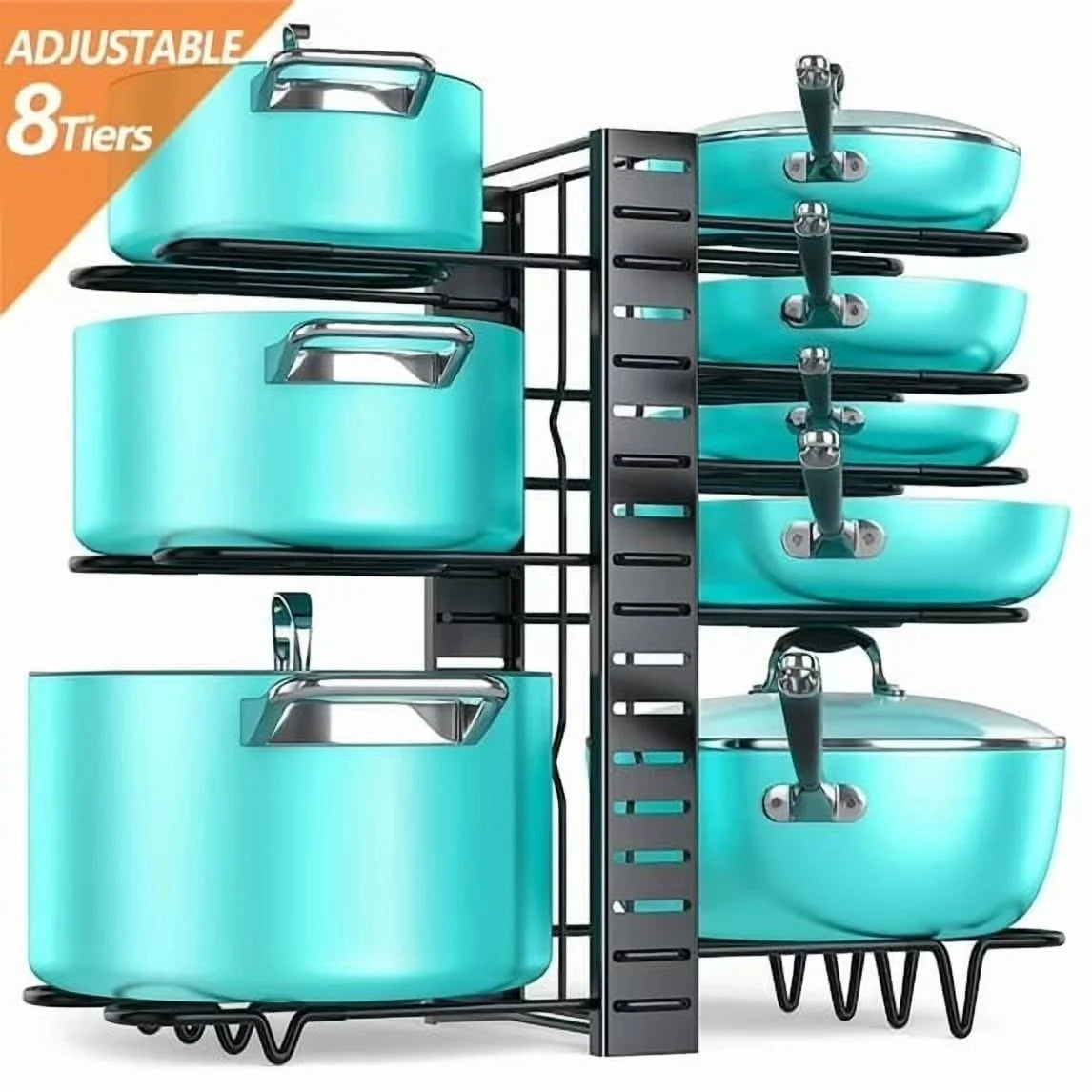 Adjustable 8-Tier Pots and Pans Organizer Rack with Anti-Slip Silicone Pads for Kitchen Cabinet Storage - Heavy Duty Metal Design with 3 DIY Methods