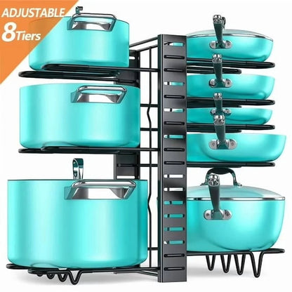 Adjustable 8-Tier Pots and Pans Organizer Rack with Anti-Slip Silicone Pads for Kitchen Cabinet Storage - Heavy Duty Metal Design with 3 DIY Methods