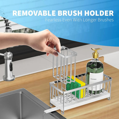 Cisily Premium Silver Sponge Holder for Kitchen Sink - Rustproof 304 Stainless Steel Caddy Organizer with High Brush Holder and Soap Dispenser Storage Solutions