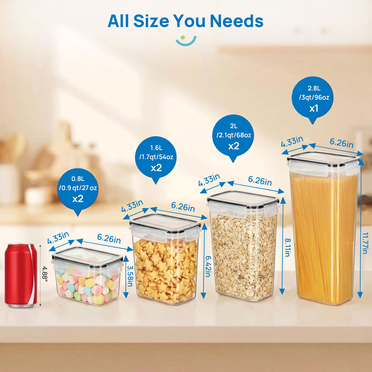 Airtight BPA-Free Plastic Food Storage Container Set, 7-Piece Kitchen and Pantry Organization Canisters in Black