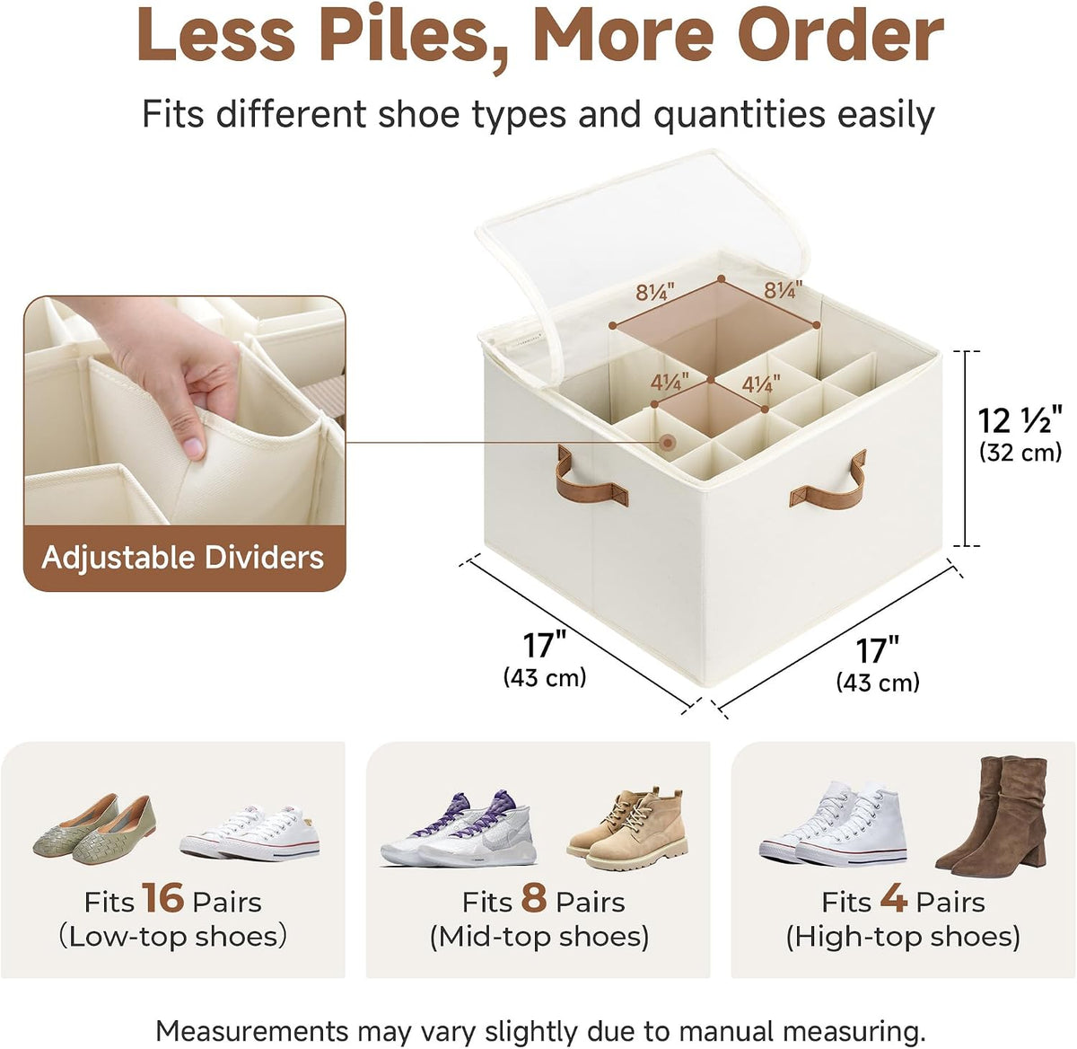 16-Pair Adjustable Shoe Organizer with Dividers for Closet, Beige