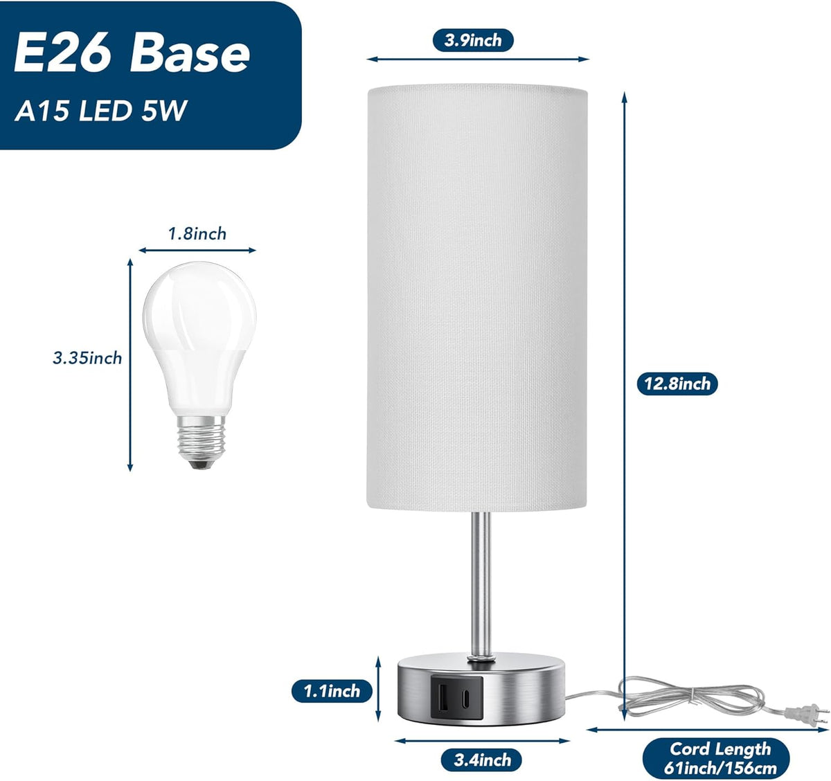 12.8-Inch Touch Control Table Lamp, 3-Way Dimmable Bedside Nightstand Lamp with Dual USB Ports and 6500K Daylight LED Bulb for Bedroom and Living Room