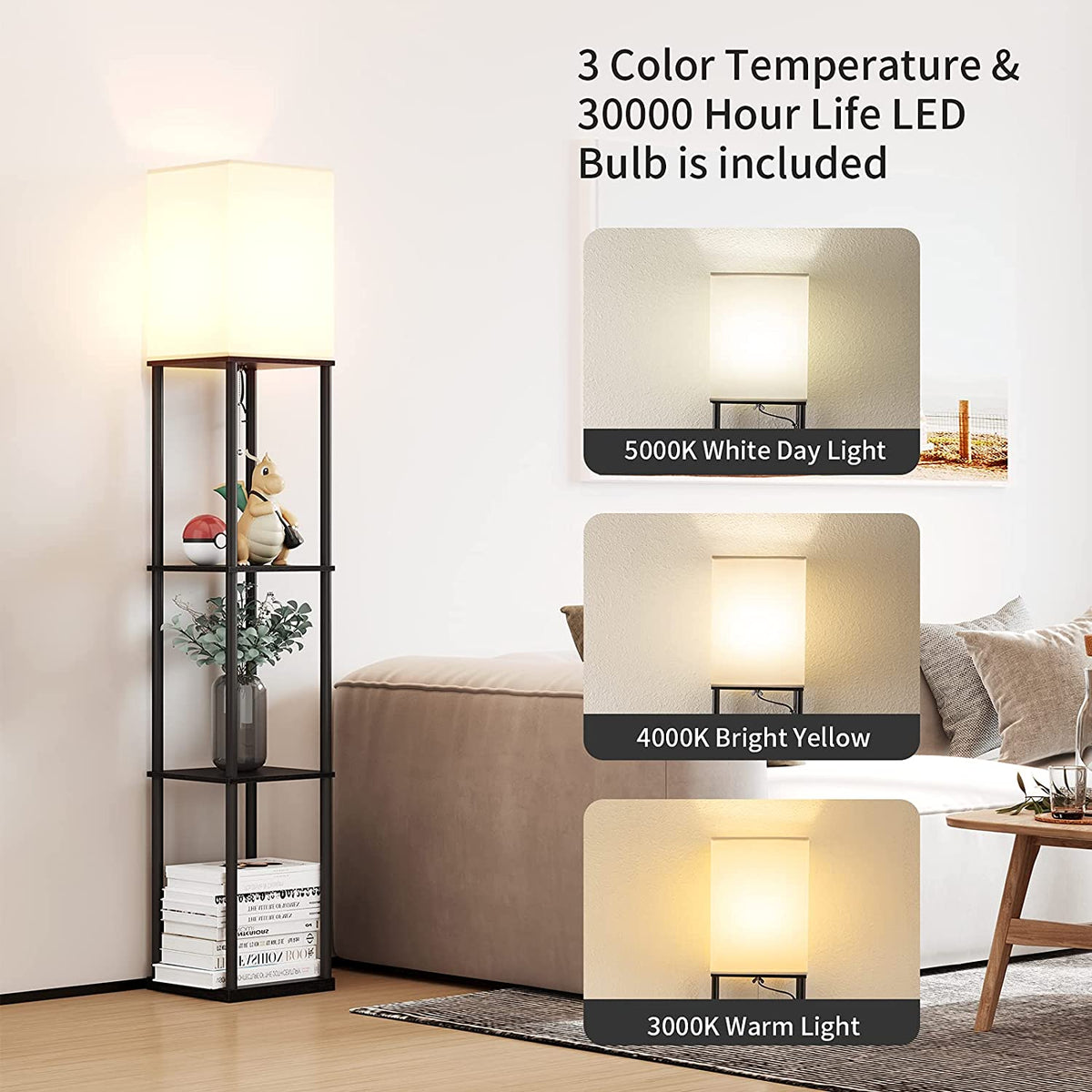 Elegant Black Floor Lamp with Integrated Shelving for Living Room