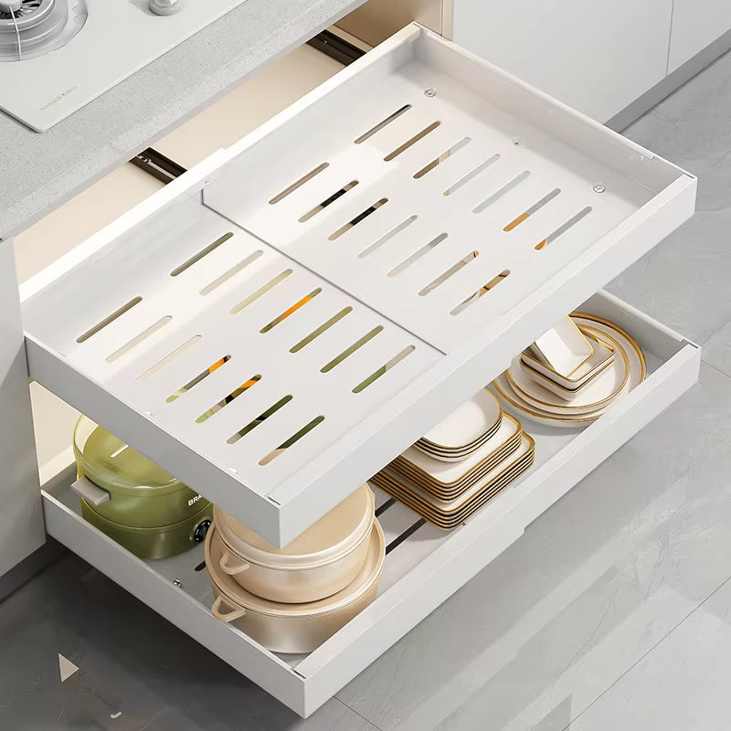 Adjustable Metal Slide-Out Cabinet Organizer with Expandable Drawers for Kitchen Storage