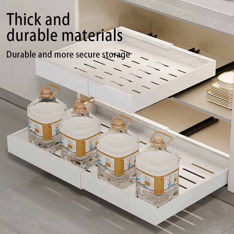 Adjustable Metal Slide-Out Cabinet Organizer with Expandable Drawers for Kitchen Storage