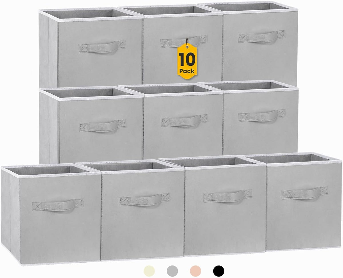 11-Inch Fabric Storage Cubes - 10-Pack Collapsible Bins with Dual Handles for Organizing Shelves, Closets, and Magazines (Grey)