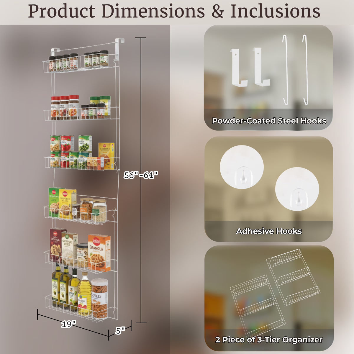 6-Tier Adjustable Over-the-Door Pantry Organizer - Powder-Coated Steel Hanging Shelving System for Kitchen Organization (White)