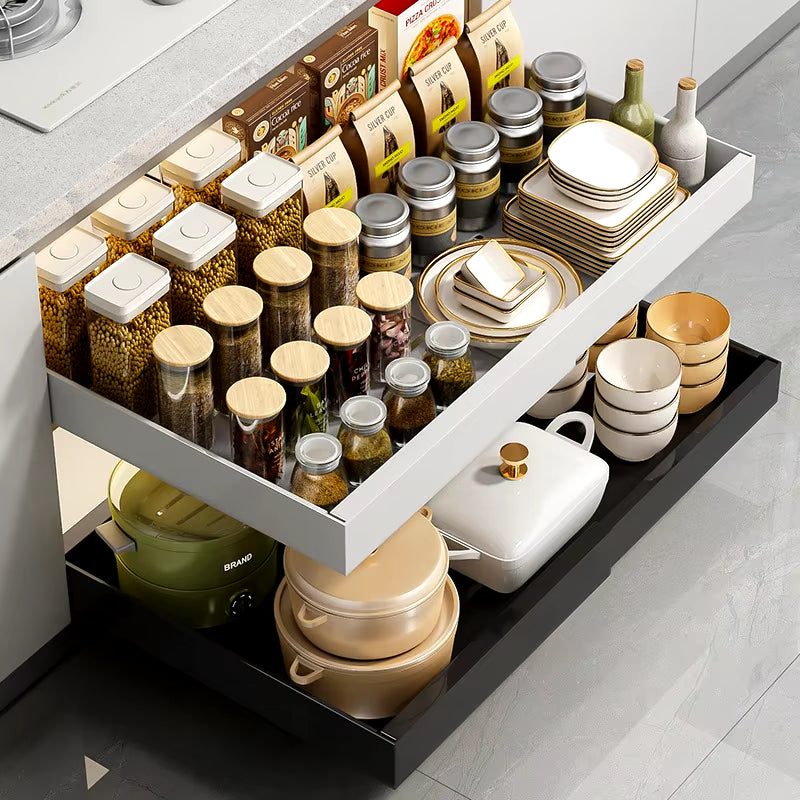 Adjustable Metal Slide-Out Cabinet Organizer with Expandable Drawers for Kitchen Storage
