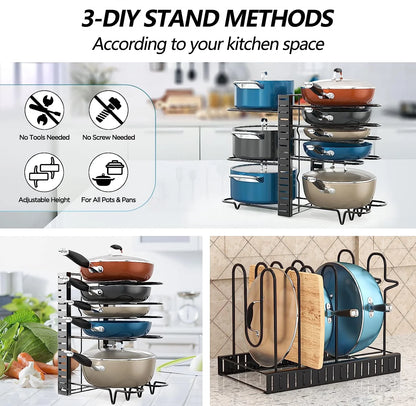 Adjustable 8-Tier Pots and Pans Organizer Rack with Anti-Slip Silicone Pads for Kitchen Cabinet Storage - Heavy Duty Metal Design with 3 DIY Methods