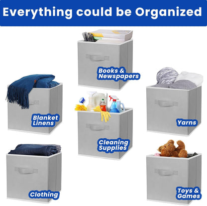 11-Inch Fabric Storage Cubes - 10-Pack Collapsible Bins with Dual Handles for Organizing Shelves, Closets, and Magazines (Grey)