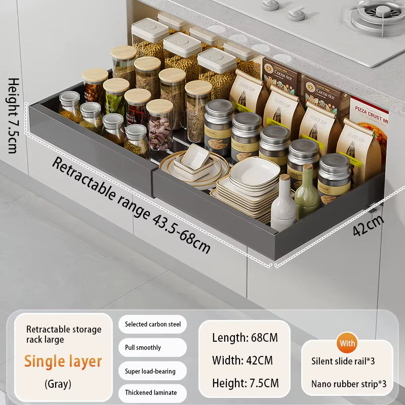 Adjustable Metal Slide-Out Cabinet Organizer with Expandable Drawers for Kitchen Storage