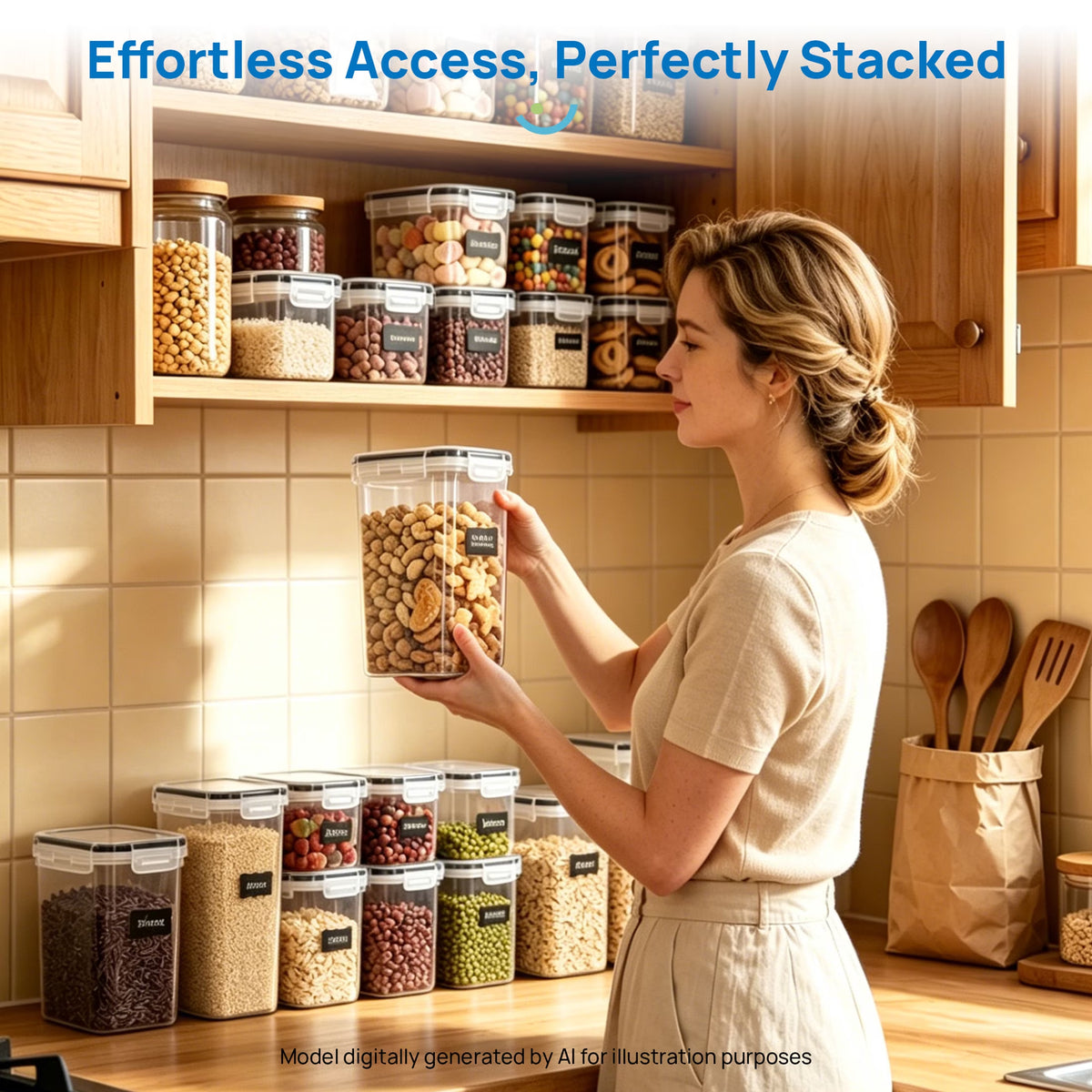 Airtight BPA-Free Plastic Food Storage Container Set, 7-Piece Kitchen and Pantry Organization Canisters in Black