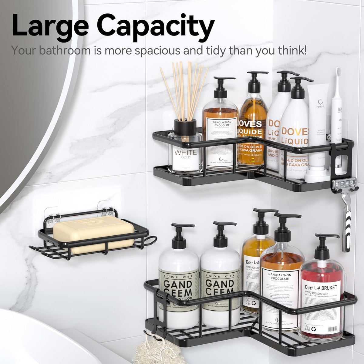 Corner Shower Caddy Adhesive - 100% Rustproof Wall-Mounted Organizer with Soap Holder, No-Drill Installation for Bathroom Storage (3 Pack, Black)