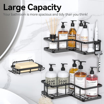 Corner Shower Caddy Adhesive - 100% Rustproof Wall-Mounted Organizer with Soap Holder, No-Drill Installation for Bathroom Storage (3 Pack, Black)