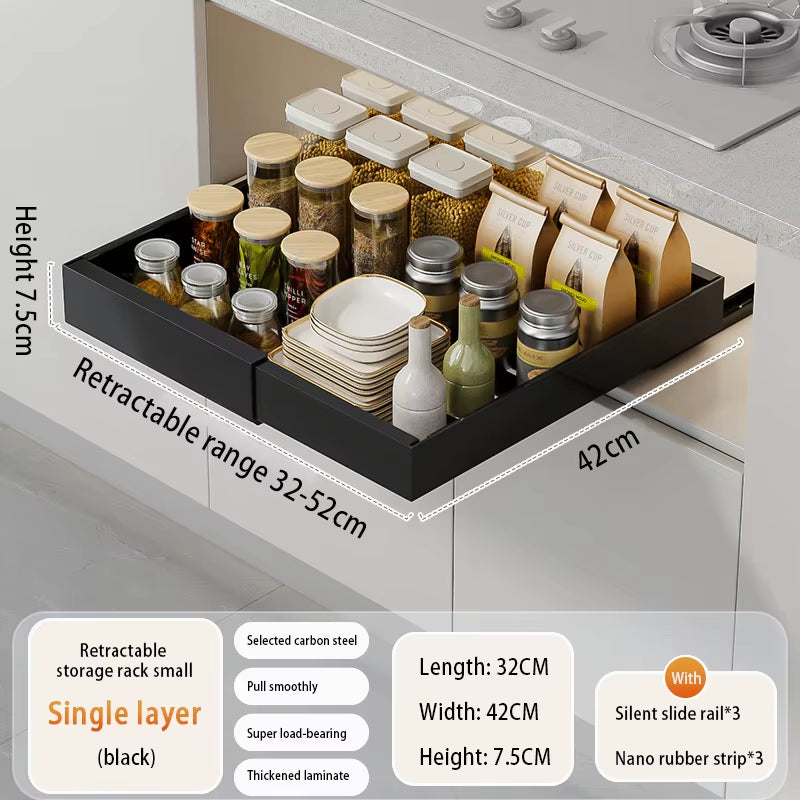 Adjustable Metal Slide-Out Cabinet Organizer with Expandable Drawers for Kitchen Storage