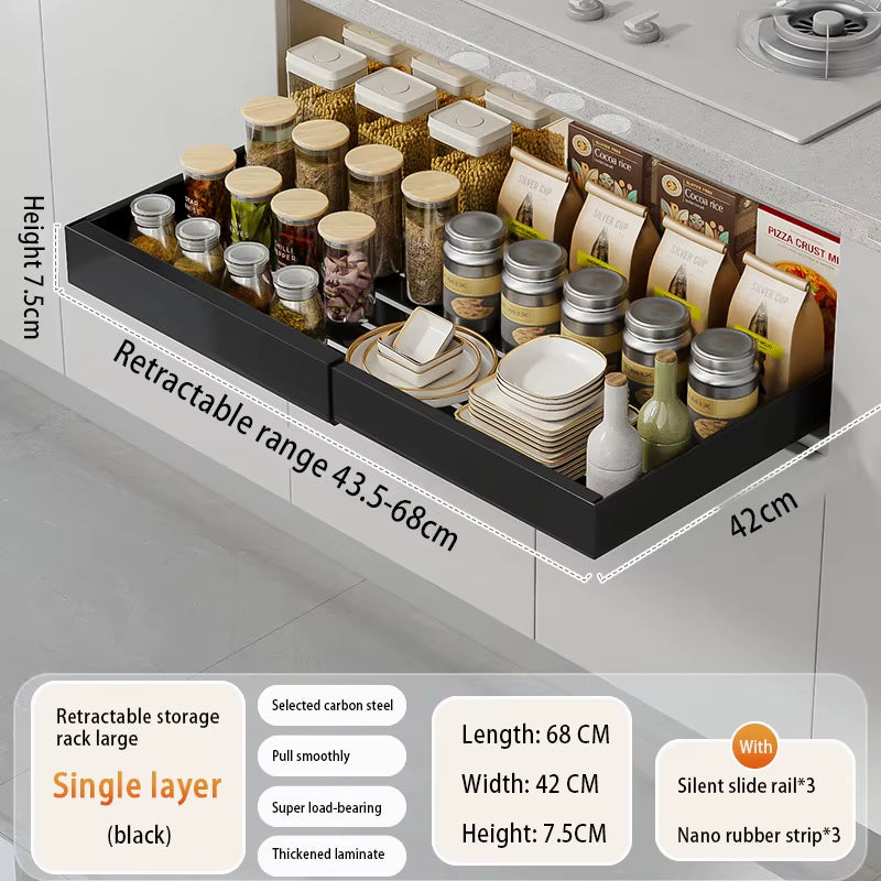 Adjustable Metal Slide-Out Cabinet Organizer with Expandable Drawers for Kitchen Storage