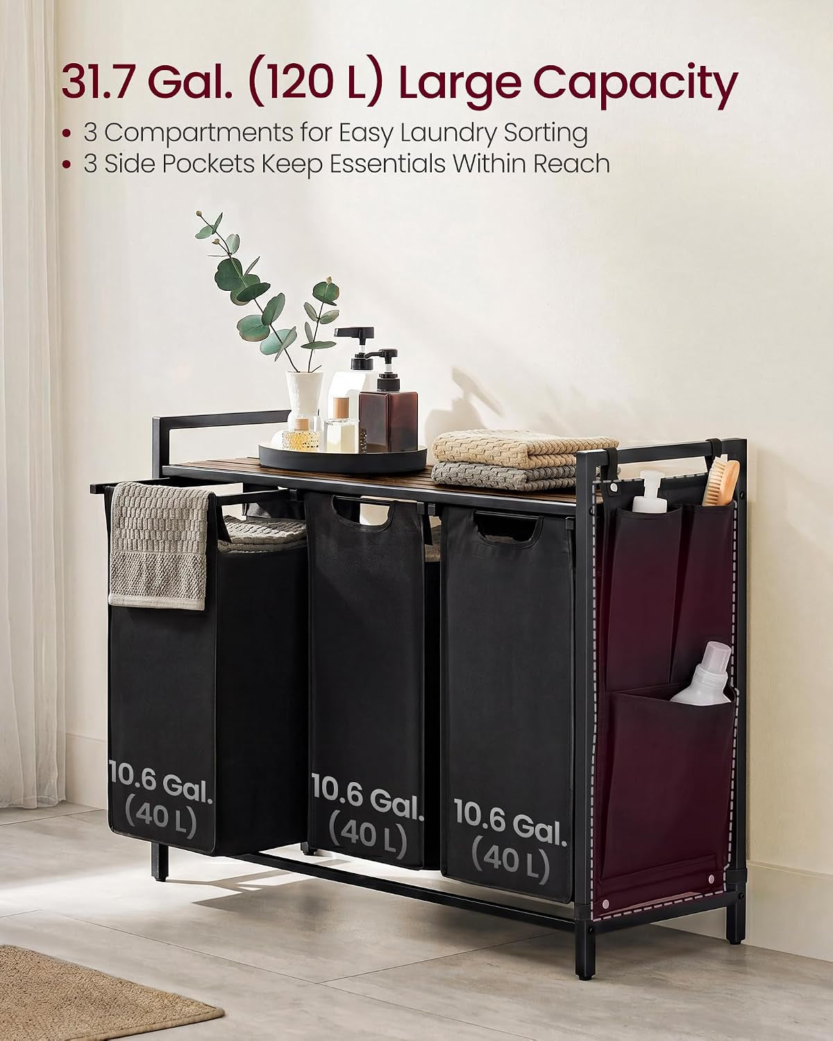 Laundry Hamper with Shelf and Three Pull-Out Bags, 40 Liters (3 x 10.6 Gallons)